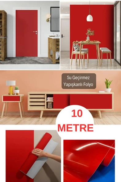67cm x 10Metre 1 Adet Rulo Folyo Yapışkanlı Düz Kırmızı Mutfak Duvar Kaplama Folyosu Kağıdı ürün görseli 1