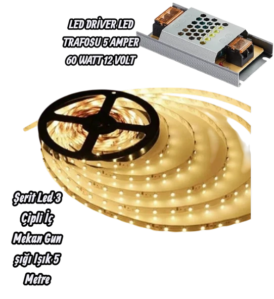 Şerit Led 3 Çipli İç Mekan Gun şığı 5 Metre & TRAFOSU 5 AMPER 60 WATT 12 VOLT ürün görseli 1