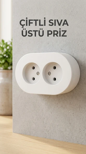 İkili Beyaz Topraklı Priz Modern Sıva Üstü Tasarım Duvar Elektrik Prizi ürün görseli 1