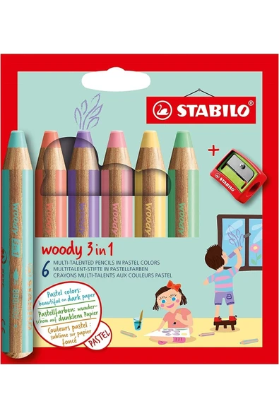 Stabilo Woody 3İn1 Pastel Kuru Boya Kalemi 6 Ren + Kalemtıraş 8806-3 ürün görseli 1