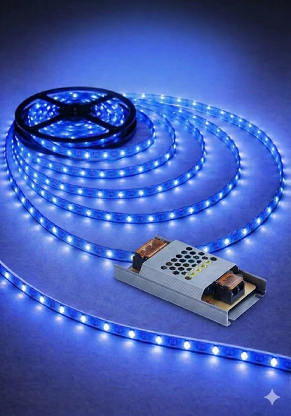 Mavi Led Işık 3 Çipli İç Mekan 5 mt & LED TRAFOSU 5 AMPER 60 WATT 12 VOLT ürün görseli 1