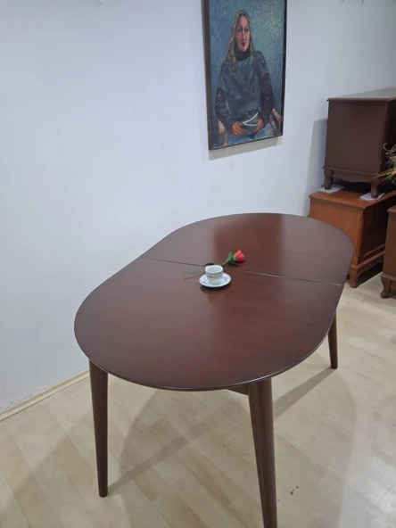 Masa Oval 90641 Retro Ayak Model Kayın Retro Açılır Parlak Ceviz Tabla El Yapım ürün görseli 1