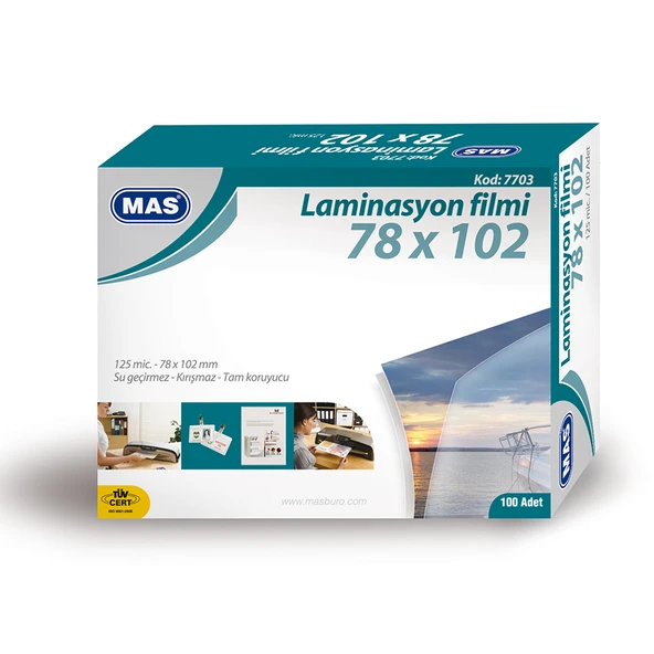 Mas Laminasyon Filmi Parlak 78X102Mm 125 Micron 7703 (100 Lü Paket) ürün görseli 1