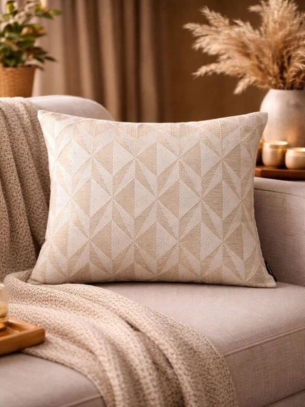 Krem Bej Geometrik Desenli Keten Kırlent Kılıfı 43x43 cm – Premium Collection ürün görseli 1