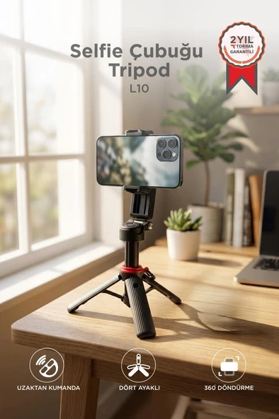Tripod Çok Amaçlı 360 Derece Kumandalı Selfie Çubuğu L10 Siyah ürün görseli 1