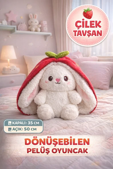 Kırmızı Çilek Tavşan Peluş Oyuncak 35 cm Dönüşebilen Çilek Tavşan Yumuşak Peluş Çocuk Hediyesi ürün görseli 1