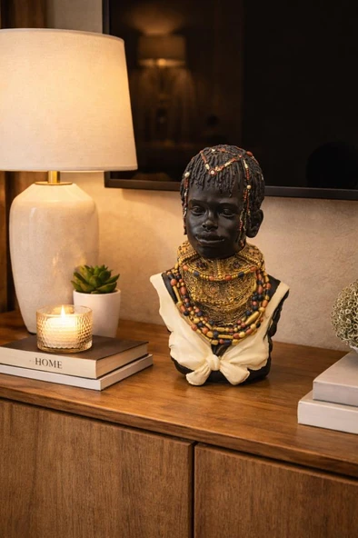 Afrikalı Kadın Büst Biblo 36 cm – Etnik Salon Dekorasyonu, Afrika Temalı Dekoratif Heykel, Konsol ve Şömine Üstü Dekor Objesi ürün görseli 1