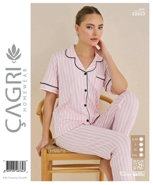 Çağrı Kadın %100 Pamuk Viskon Kısa Kollu Önü Düğmeli Pijama Takımı ürün görseli 1