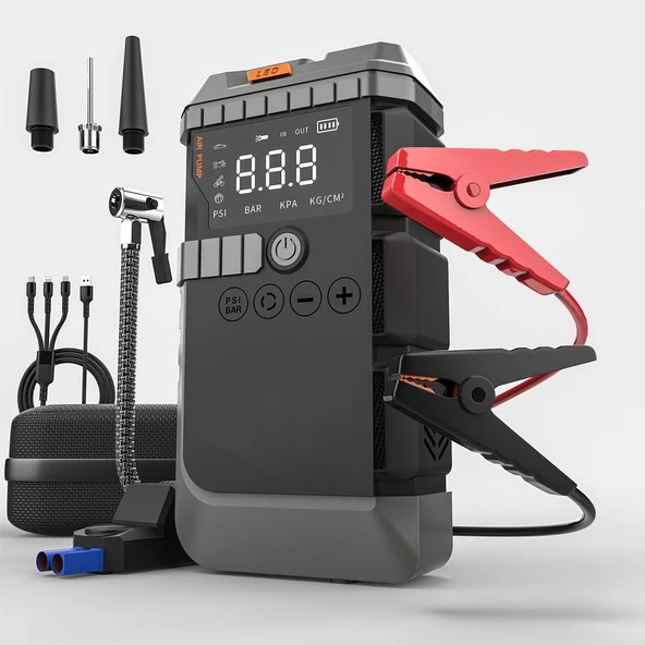 4000A Akü Takviye Cihazı 150 PSI Hava Kompresörü 12V Araç Jump Starter 12000mAh Powerbank Lastik Şişirme Dijital Ekranlı ürün görseli 1