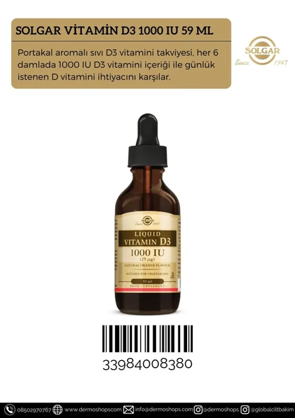 SOLGAR LIQUID VITAMIN D3 1000 IU SIVI, VİTAMİN D3 İÇEREN TAKVİYE EDİCİ GIDA 59ml şişe ürün görseli 1