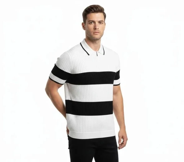 Erkek T-shirt Çizgili Triko Dokuma Kumaş Polo Yaka Yarım Fermuarlı Regular Kalıp Tişört - Beyaz ürün görseli 1