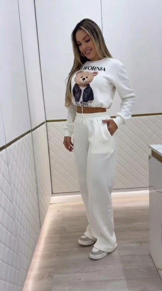 Kadın Uzun Kollu Bisiklet Yaka Desenli Iki Iplik şardonlu Bluz Ve Pantolon Ikili Takım ürün görseli 1
