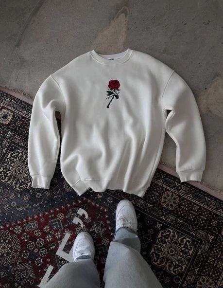 Unisex Bisiklet Yaka Ön Ve Arka Baskılı SweatShirt - Beyaz ürün görseli 1