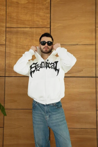 Erkek Kapüşonlu Sweatshirt Hoodie 3 İplik Şardonlu Pamuklu Kumaş, Önü Baskılı, Fermuarlı Rahat Kalıp, Kışlık Ve Sokak Stili Sweat - Beyaz ürün görseli 1