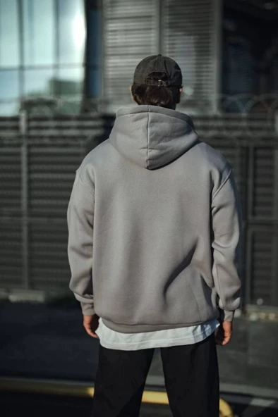 Üç İplik Penye Kapşonlu Basic SweatShirt - Boyalı Gri - Resim 2
