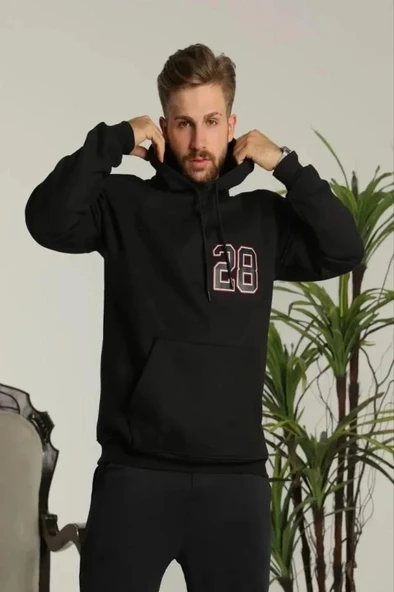 Erkek Oversize Üç İplik Kapüşonlu Sweatshirt –Sırt Ve Ön Baskılı, Kanguru Cepli, Rahat Kalıp Maskot Desenli Model - Siyah ürün görseli 1