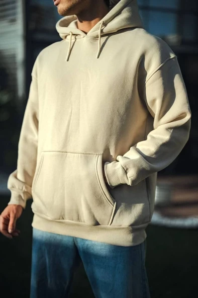 Üç İplik Penye Kapşonlu Basic SweatShirt - Bej - Resim 3