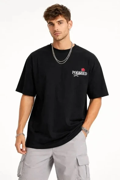 Erkek Bisiklet Yaka Baskılı  Kısa Kollu Tişört Streetwear Günlük Basic Pamuklu T-shirt - Siyah ürün görseli 1
