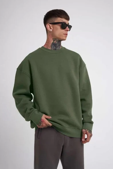 Unisex Biskilet Yaka Üç İplik SweatShirt - Haki ürün görseli 1