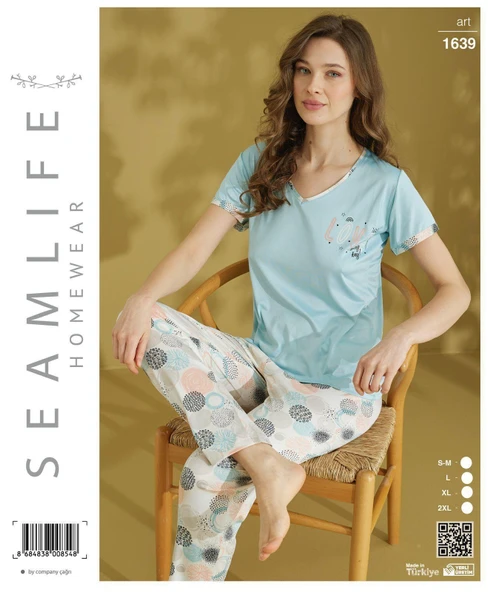 Seamlife Kadın Extra Yumuşak %100 Pamuk V Yaka Milan Kısa Kollu Pijama Takımı ürün görseli 1