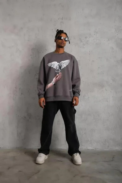 Erkek Güvercin Baskılı Sweatshirt - Gri - Resim 2