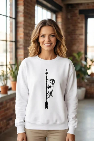 Sevgililer Günü Özel Bisiklet Yaka Aslan Baskılı Oversize Sweatshirt - Beyaz ürün görseli 1