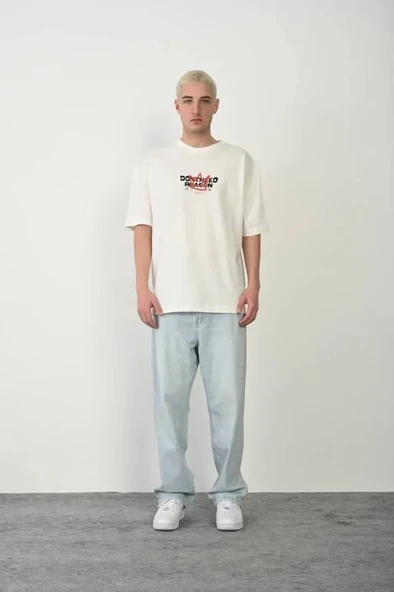Unisex Bisiklet Yaka Baskılı Oversize T-Shirt - Beyaz ürün görseli 1