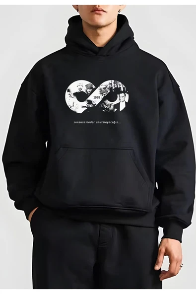 10 Kasıma Özel Üç İplik Kapşonlu Baskılı SweatShirt - Siyah ürün görseli 1