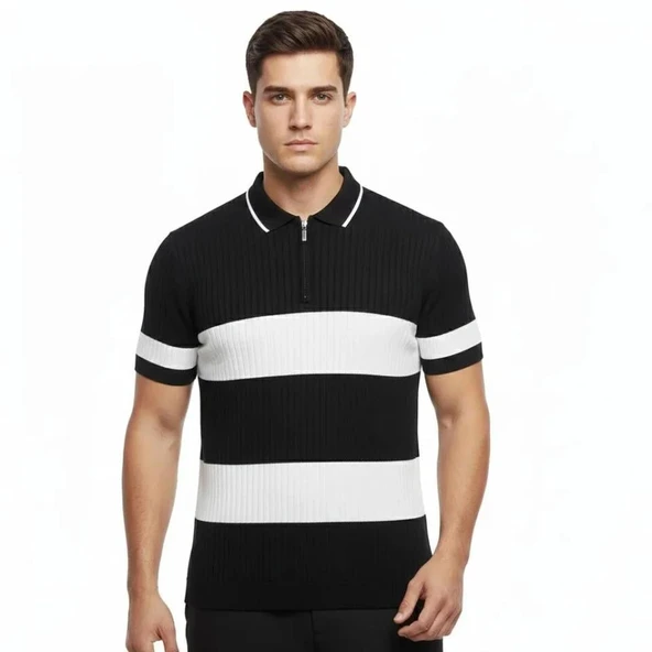 Erkek T-shirt Çizgili Triko Dokuma Kumaş Polo Yaka Yarım Fermuarlı Regular Kalıp Tişört - Siyah ürün görseli 1