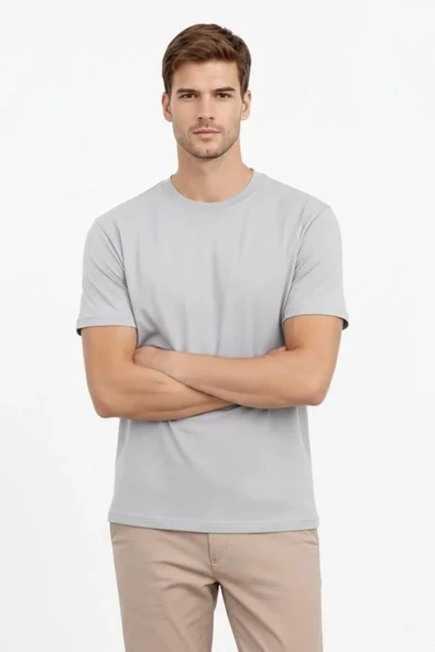 Erkek Bisiklet Yaka Tişört Regular Kalıp Basic Pamuklu Günlük Kullanım T-shirt - Gri ürün görseli 1