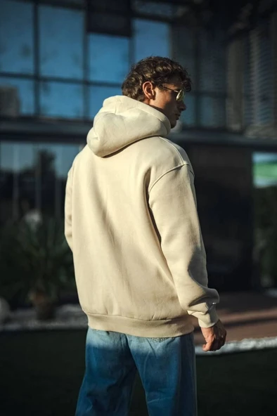 Üç İplik Penye Kapşonlu Basic SweatShirt - Bej - Resim 2