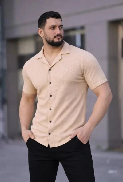 Erkek Waffle Kumaş Kısa Kollu Düğmeli Açık Yaka Regular Fit Gömlek - Bej ürün görseli 1