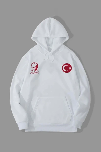 10 Kasıma Özel Üç İplik Kapşonlu Baskılı SweatShirt - Beyaz ürün görseli 1