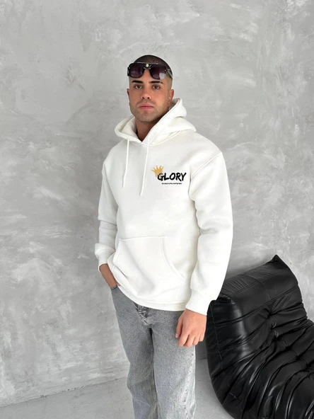 Kışlık Üç İplik Kapşonlu SweatShirt - Beyaz ürün görseli 1