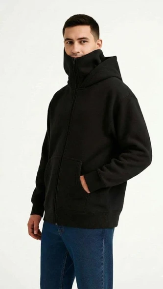 Samuray Ninja Çift Kapüşonlu ZIP Fermuarlı Kanguru Cepli Tam Fermuarlı Hoodie Sweatshirt - Siyah ürün görseli 1