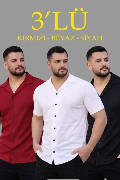 Erkek Waffle Dokuma Açık Yakalı Düğmeli Regular Kalıp 3’lü Gömlek Seti - Siyah, Kırmızı, Beyaz ürün görseli 1
