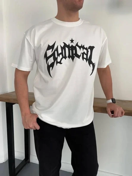 Erkek Bisiklet Yaka Ön Baskılı Kısa Kollu Tişört Streetwear Günlük Basic Pamuklu T-shirt - Beyaz ürün görseli 1