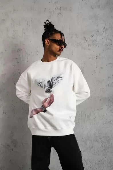 Erkek Güvercin Baskılı Sweatshirt - Beyaz - Resim 2