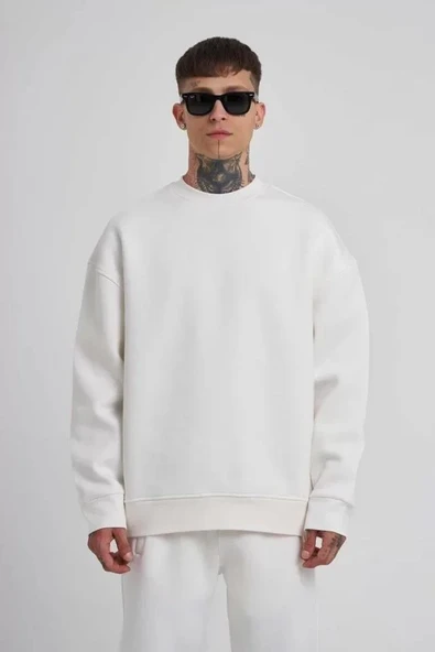 Unisex Biskilet Yaka Üç İplik SweatShirt - Beyaz ürün görseli 1