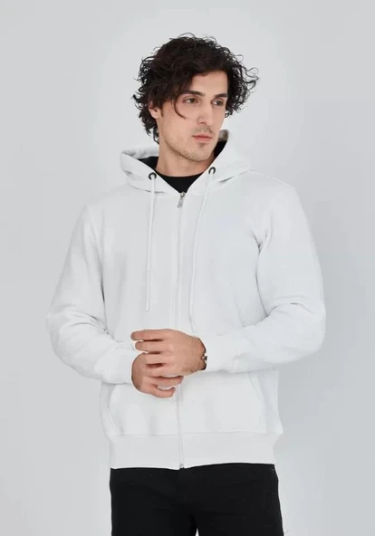 Unisex Tam Fermuarlı Kapşonlu  SweatShirt - Beyaz ürün görseli 1