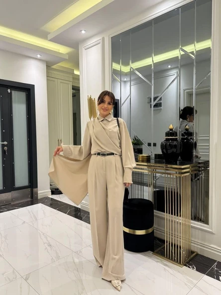 Kadın Uzun Kollu şal Detaylı Bluz Ve Pantolon Ikili Takım (kemer Dahil Değil) ürün görseli 1
