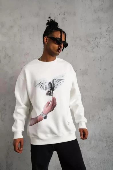 Erkek Güvercin Baskılı Sweatshirt - Beyaz ürün görseli 1