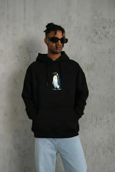 Siyah Oversize Hoodie - Sırt Baskılı Survivor Penguin Temalı, Felsefi Yazılı Kapüşonlu Sweatshirt - Siyah ürün görseli 1