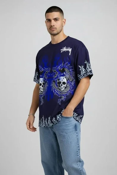 Erkek Lacivert Oversize Tişört Dragon - Kuru Kafa Baskılı Bisiklet Yaka Streetwear T-Shirt - Lacivert ürün görseli 1