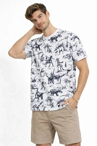 Erkek Beyaz Dinozor Desenli Tişört – Regular Fit, Bisiklet Yaka, Dijital Baskılı Pamuklu T-Shirt - Beyaz ürün görseli 1