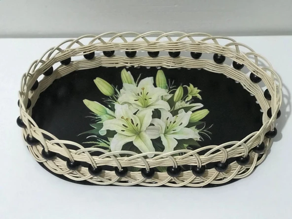 lilyum desenli boncuk detaylı rattan sepet ürün görseli 1