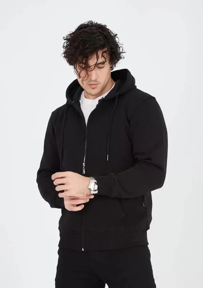 Unisex Tam Fermuarlı Kapşonlu  SweatShirt - Siyah ürün görseli 1