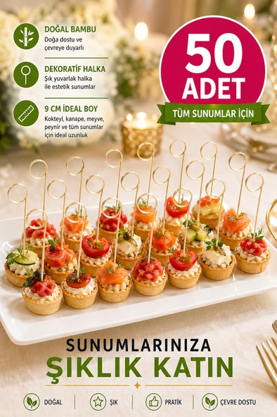 50’li Pkt 9 cm Dekoratif Yuvarlak Bambu Kürdan - Kokteyl Kürdanı Parti Sunum Kürdan Seti ürün görseli 1