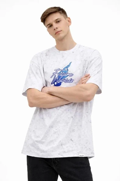 Erkek Asit Yıkamalı Oversize Tişört Future Worlds Baskılı Bisiklet Yaka Kısa Kollu Streetwear %100 Pamuk Street Style T-Shirt - Beyaz ürün görseli 1