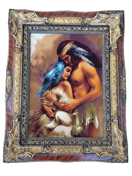 Siyular Kızılderili Aşıklar Adlı İran Tebriz Halı Tablo 95x75cm - Duvar Halı Kilim Tablo (Model 2) ürün görseli 1